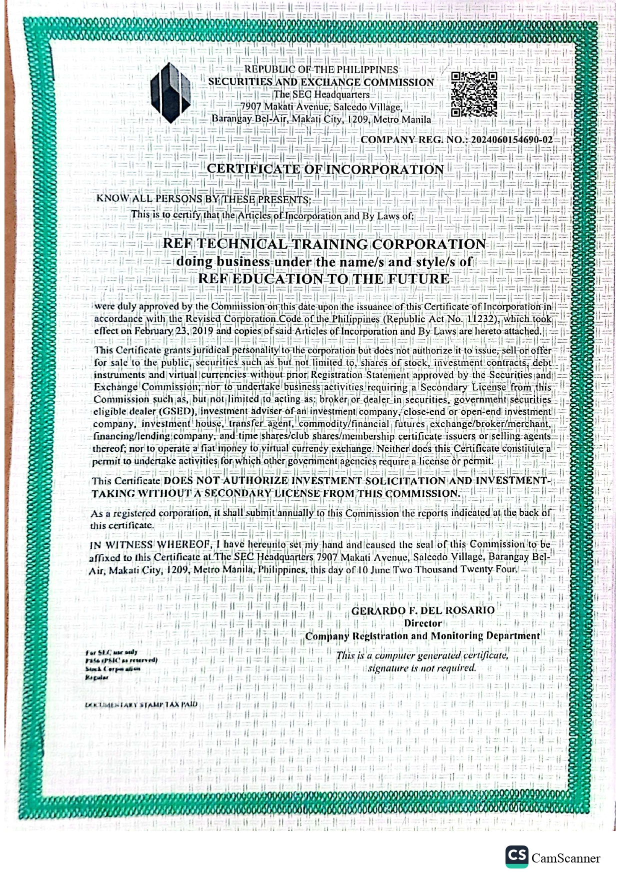 SEC Registration Certificate